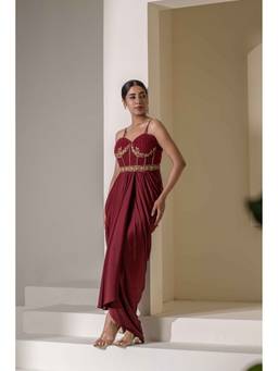 Rasasvada - Maroon Drape Saree with Stitched Blouse