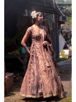 Soniya G - Mocha Brown Zari Anarkali with Dupatta