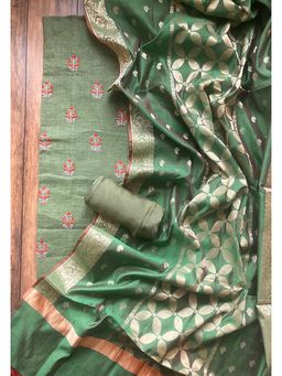 Umay Benaras - Linen Embroidered Mehendi Green Unstitched Dress Material (Set of 3)