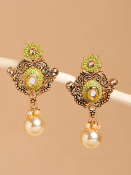 OOMPH - Mint Green Meenakari Enamel Kundan & Pearl Ethnic Drop Earrings