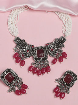 OOMPH - Oxidised Silver Tone Maroon Pink Jaipur Stones Choker Necklace Set with Earrings