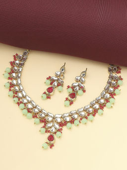 OOMPH - Mint Green & Maroon Kundan & Beads Necklace Set with Earrings