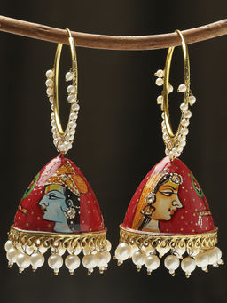 OOMPH - Hand Printed Meenakari Large Jhumka Earrings Radha Krishna Design Red & Blue
