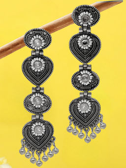 OOMPH - Oxidised Silver Ethnic Long Drop Earrings Jadau with Kundan & Pearls