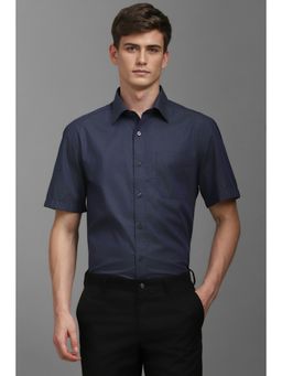 Louis Philippe - Men Navy Blue Textured Half Sleeves Formal Shirt