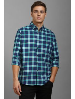 Louis Philippe - Men Navy Blue Checks Full Sleeves Casual Shirt