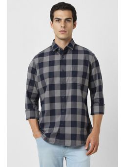 Van Heusen - Men Navy Blue Checks Full Sleeves Casual Shirt