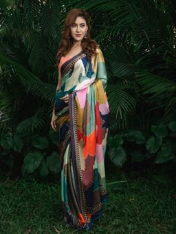 Beatitude - Multi-Color Printed Satin Silk Saree with Unstitched Blouse