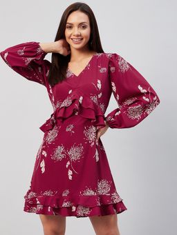 RARE - Women Casual Maroon Colour Above Knee Floral Dress
