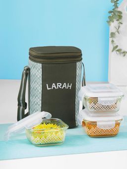 Larah by Borosil - Gracia Borosilicate Glass Lunchbox with Bag, 320ml x 3 Square Container