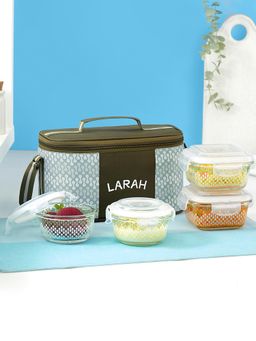 Larah by Borosil - Gracia Borosilicate Glass Lunchbox with Bag, 320ml x 2 Square + 240ml x 2 Round