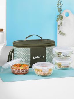 Larah by Borosil - Gracia Borosilicate Glass Lunchbox with Bag, 320ml x 2 Square + 400ml x 2 Container