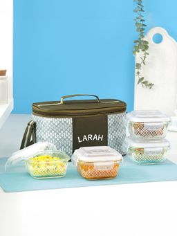 Larah by Borosil - Gracia Borosilicate Glass Lunchbox with Bag, 320ml x 4 Square Container