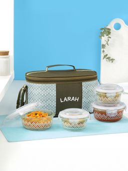 Larah by Borosil - Gracia Fusion Borosilicate Glass Lunchbox with Bag, 240ml x 2 + 400ml x 2 Container