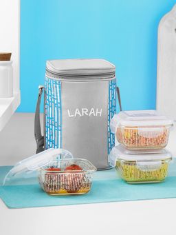 Larah by Borosil - Vogue Borosilicate Glass Lunchbox with Bag, 320ml x 3 Square Container