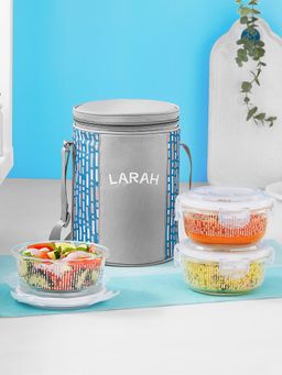 Larah by Borosil - Vogue Borosilicate Glass Lunchbox with Bag, 400ml x 3 Round Container
