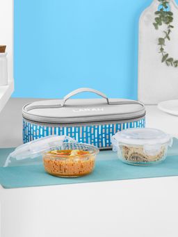 Larah by Borosil - Vogue Borosilicate Glass Lunchbox with Bag, 400ml x 2 Round Container