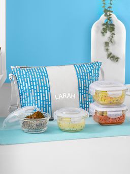 Larah by Borosil - Vogue Daisy Glass Lunchbox with Bag, 320ml x 2 Square + 240ml x 2 Round
