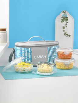 Larah by Borosil - Vogue Fusion Borosilicate Glass Lunchbox with Bag, 240ml x 2 + 400ml x 2 Container