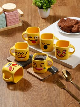 ARRABI - Premium Yellow Handcrafted Ceramic Emoji Smiley Cartoon Tea Cup (Pack of 6)