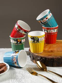 ARRABI - Premium Handcrafted Ceramic Glosy Elephant Tea Cup (Pack of 6)