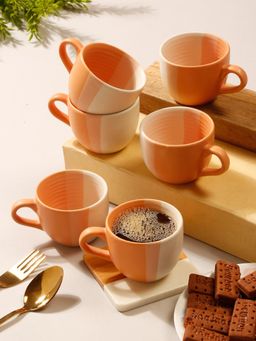 ARRABI - Premium Orange Handcrafted Ceramic Stoneware Matte Stripes Tea Cup (Pack of 6)