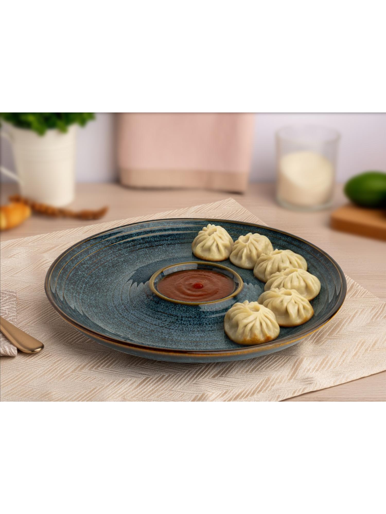 BODHI HOUSE Reactive Glaze Ceramic Chip and Dip Platter, Greenish Blue