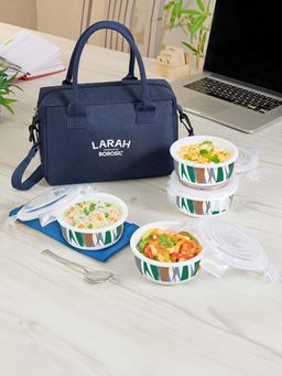 Larah by Borosil - Geo Green Lunch Box with Bag , Round Container (400 ml Each)