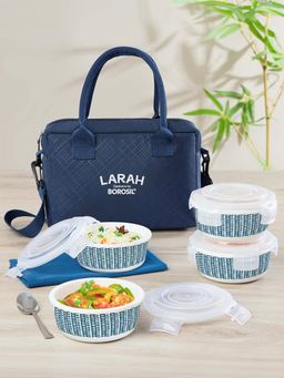 Larah by Borosil - Helix Lunch Box with Bag , Round Container (400 ml Each)