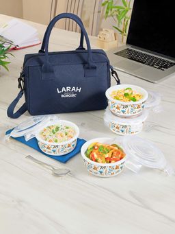 Larah by Borosil - Ziva Sky Lunch Box with Bag , Round Container (400 ml Each)