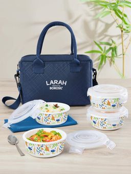 Larah by Borosil - Ziva Navy Lunch Box with Bag , Round Container (400 ml Each)
