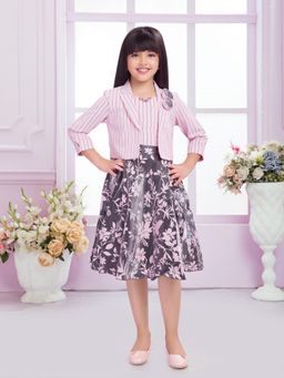 TINY BABY - Synthetic Woven Flower Printed Dress With Jacket - Pink