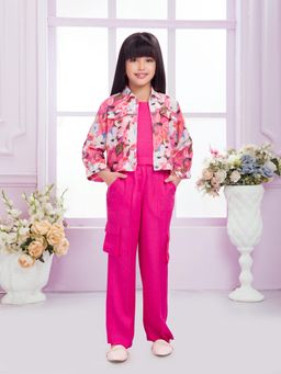 TINY BABY - Synthetic Woven Printed Top And Pant With Jacket - Pink
