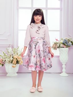 TINY BABY - Satin Woven Flower Printed Dress - Grey