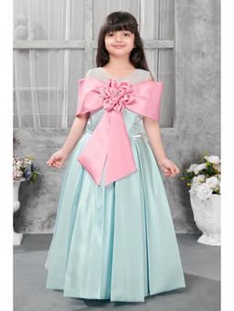Lagorii - Blue Sleeveless Gown with Oversized Dusty Pink Bow