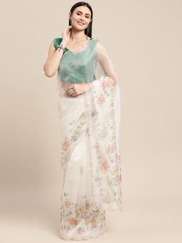 Vastranand - White Organza Floral Print Party Wear Saree with Unstitched Blouse