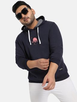 Instafab Plus - Mens Navy Blue Pullover Sweatshirt with Contrast Drawstring