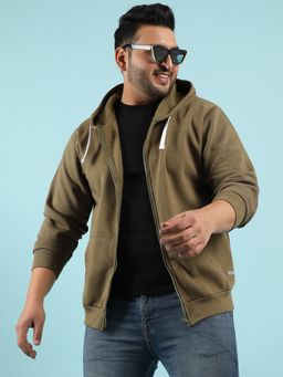 Instafab Plus - Mens Olive Zip-Front Hoodie with Contrast Drawstring