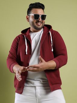 Instafab Plus - Mens Maroon Red Zip-Front Hoodie with Contrast Drawstring