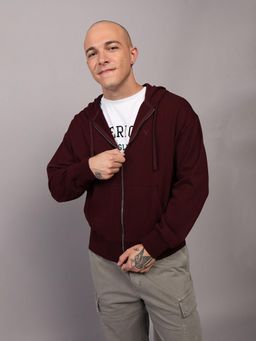 American Eagle - Men Burgundy Fleece Zip-Up Hoodie