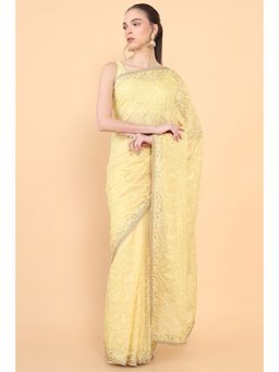 Soch - Women Yellow Organza Embroidered Saree with Unstitched Blouse