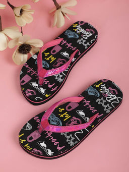 Kidsville - Printed Kids Girls Black Flipflops