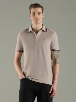 Tommy Hilfiger - Men's Beige Solid/Plain Polo T-Shirt