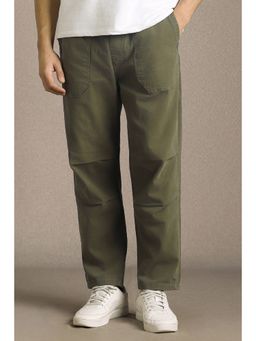 Louis Philippe - Men Olive Solid Flat Front Casual Trouser