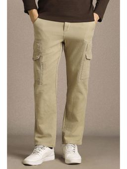 Louis Philippe - Men Beige Solid Flat Front Casual Trouser
