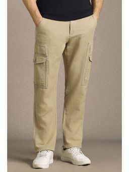 Louis Philippe - Men Beige Solid Flat Front Casual Trouser