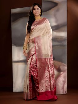 CHARUKRITI - Off White Katan Silk Zari Handwoven Saree with Unstitched Blouse