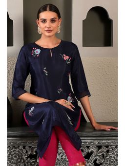 W - Navy Blue Embroidered Kurta