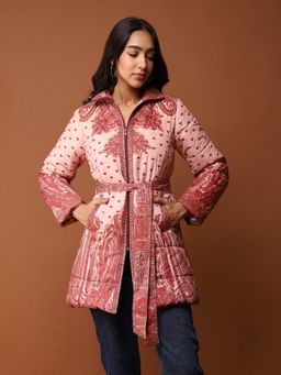 Aarke Ritu Kumar - Beige Printed Quilted Puffer Jacket with Belt