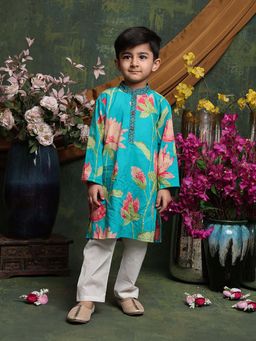 SAKA DESIGNS - Boys Blue Floral Printed Kurta & Pyjama